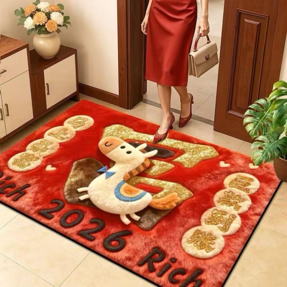 Cartoon Horse Floor Mat Blessing Words Soft 2026 New Year Anti Slip Mat Convenient Lucky Pony Door Mat Door Entrance