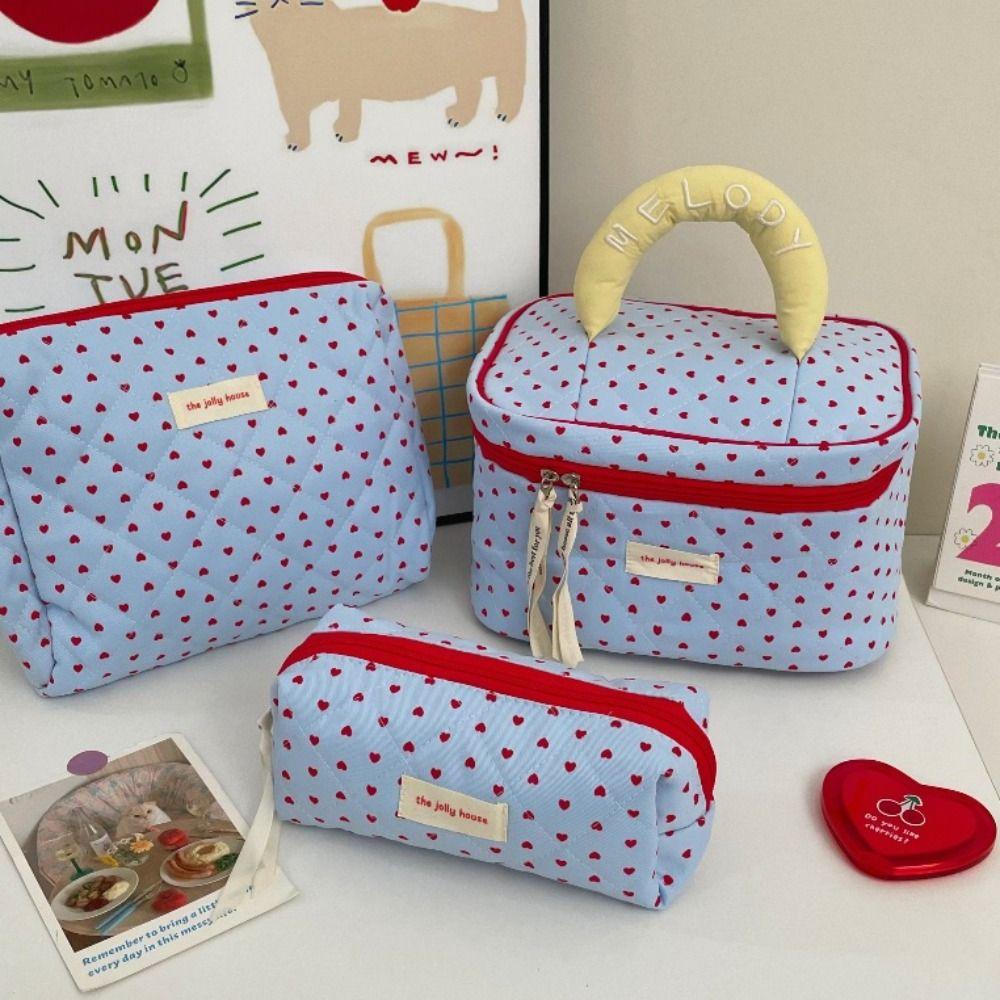 New Quilting Cotton Heart Cosmetic Bag Blue Multi-function Cosmetic Storage Bag Large Capacity Wash Bag Travel