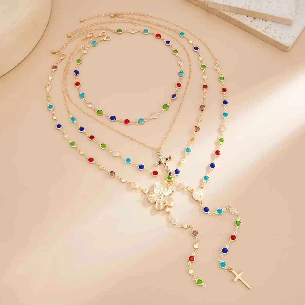 Ingemark Boho Sexy Colorful Crystal Long Y-Shaped Necklace for Women Trendy Cross Flower Pendant Metal Choker Party Y2K Jewelry