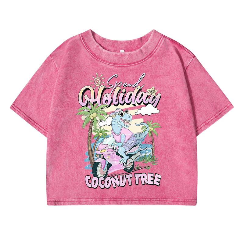 Spent Holiday Coconut Treeprint Women Washed Short Clothing Breathable Summer T-Shirt Street Distress O-Neck Tee Shirts
