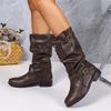 2025 Autumn Vintage Red Boots For Woman Buckle Strap Gothic Boots Woman Leather Boots Comfortable Round Toe Women's High Boots
