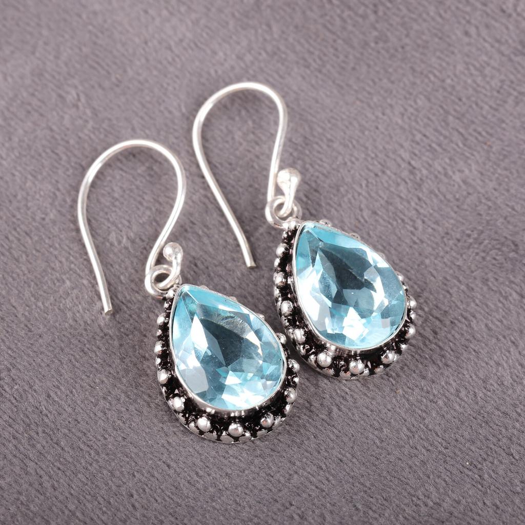 Sky Blue Topaz Gemstone 925 Sterling Silver Handmade Drop/Dangle Earrings 1.41" EE-97-6