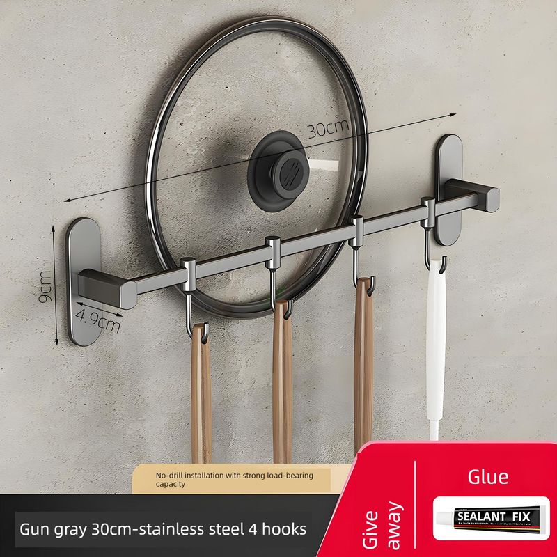 

No-Drill Kitchen Spatula Holder, Multifunctional Stainless Steel Spoon and Knife Storage Rack, Wall-Mounted Space-Saving Stainless Steel Single Rod 4 Hooks 30Cm-Gun Gray