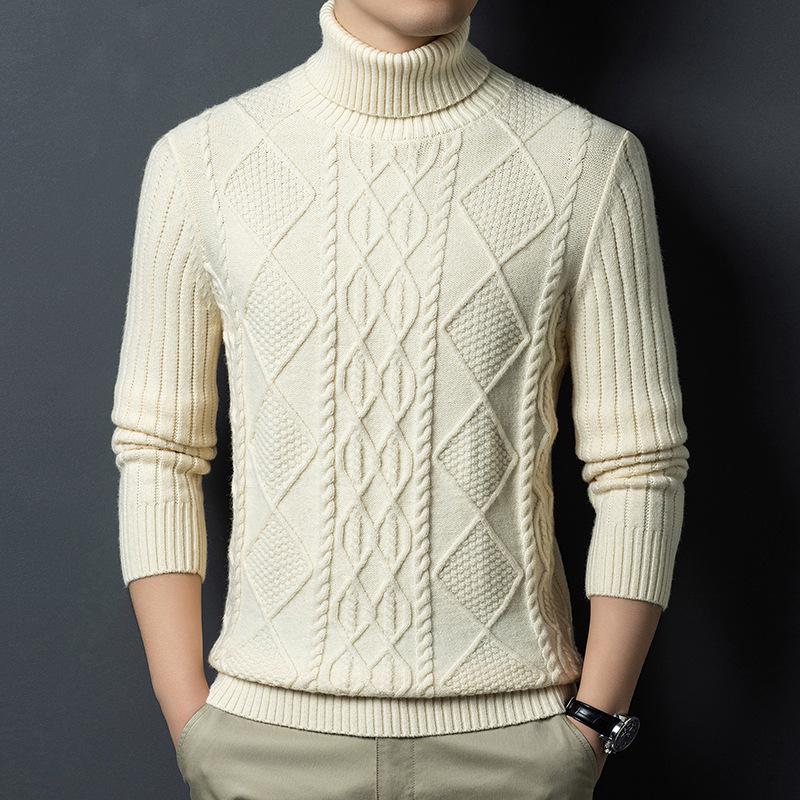 2025 Winter Korean Style Men's High-Neck Jacquard Sweater - Casual Knit Base Layer for Middle-Aged & Young