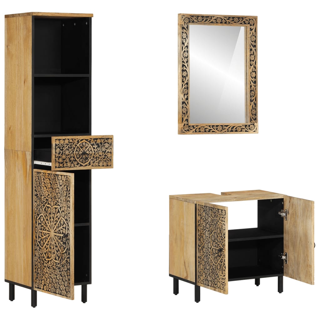 3 Piece Bathroom Furniture Set Solid Mango Wood