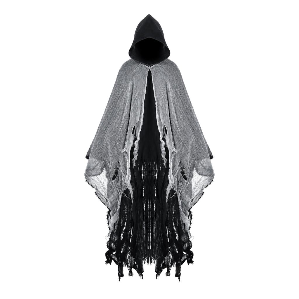 Halloween Hooded Cloak Cape Distressed Gauze Ragged Hem Ghost Grim Reaper Gothic Vampire Costume Robe for Men Women