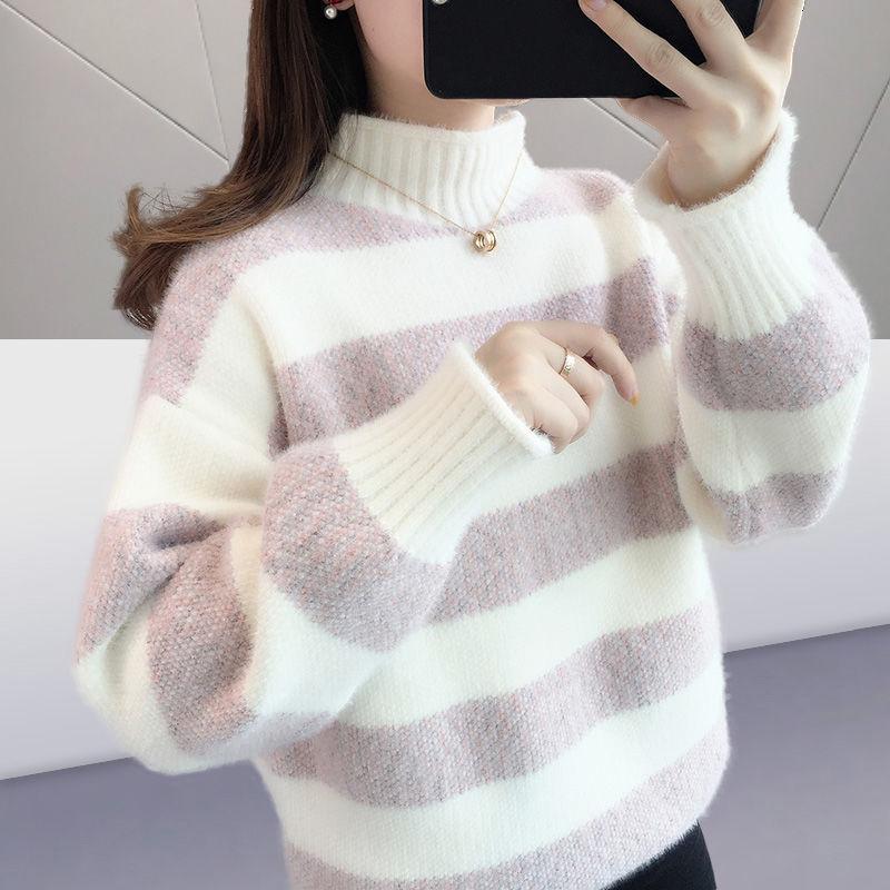 Turtleneck Striped Sweater Women's Autumn and Winter New Loose Outer Wear Casual Imitation Mink Velvet Knitted Sweater Tide