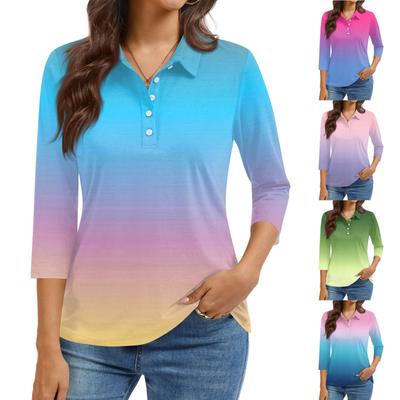 Damenmode Lässig Revers Kurz 3/4 Ärmel Print Hemd Damen Knopfleiste Oberteile