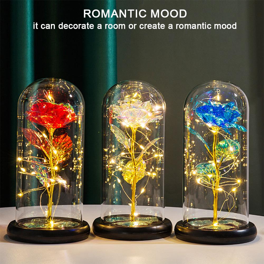 Artificial Rose Lamp with LED Lights Gold Foil Flower In Glass Cover Battery Powered Roses Glass Cover Valentine Day Mother Gift