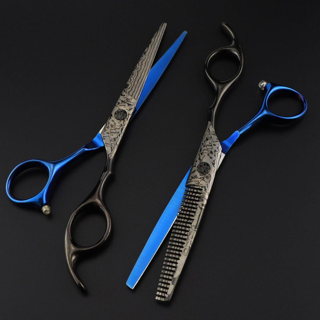 6.0-Inch Black Blue Damascus Barber Scissors & Thinning Shears for Hairdressing