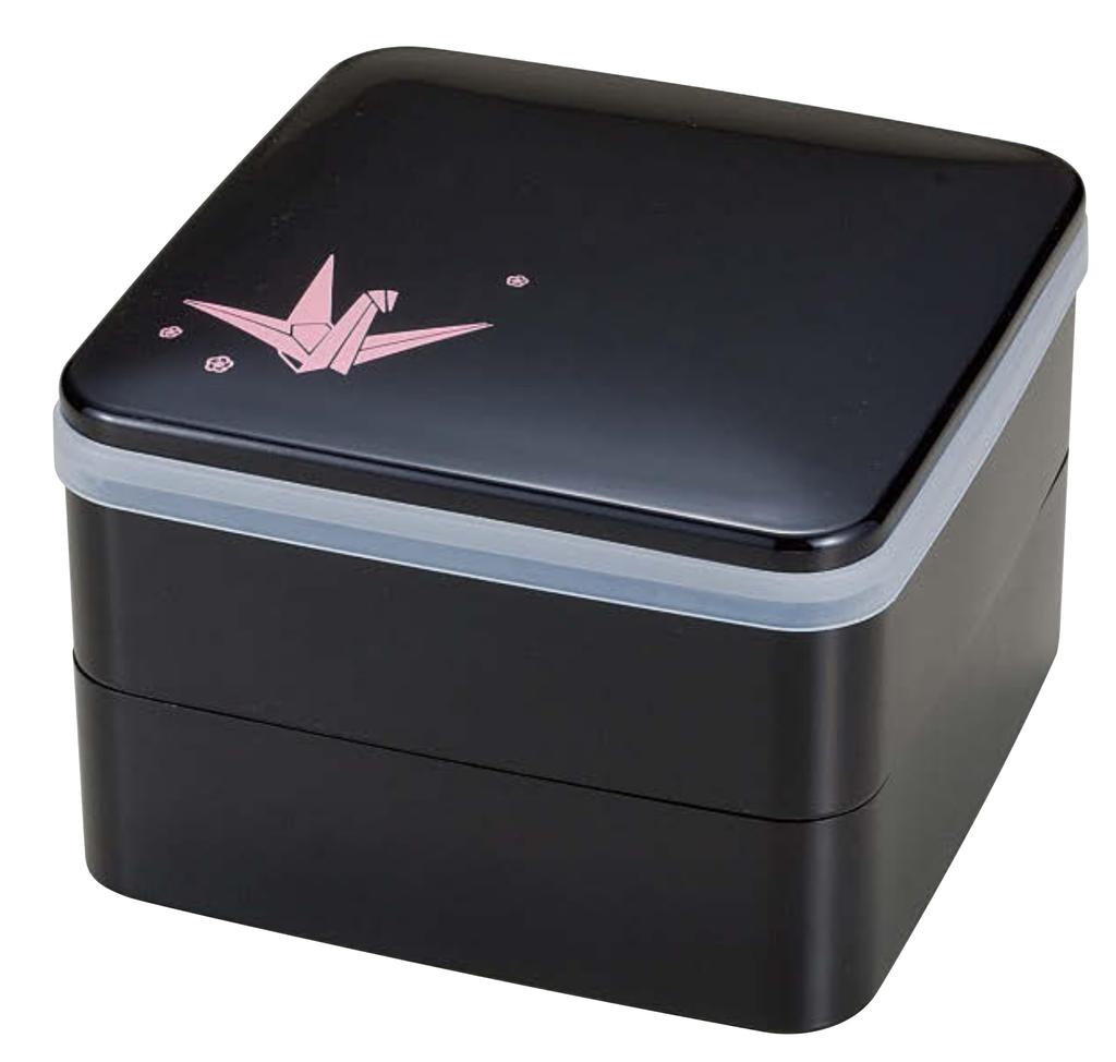 Japanese Lacquerware Mini Lunch Rounded with Origami Crane Design and Inner Two Box, 5-inch Corners, Black, (Black Interior) Lid, Tiers, H-150-46