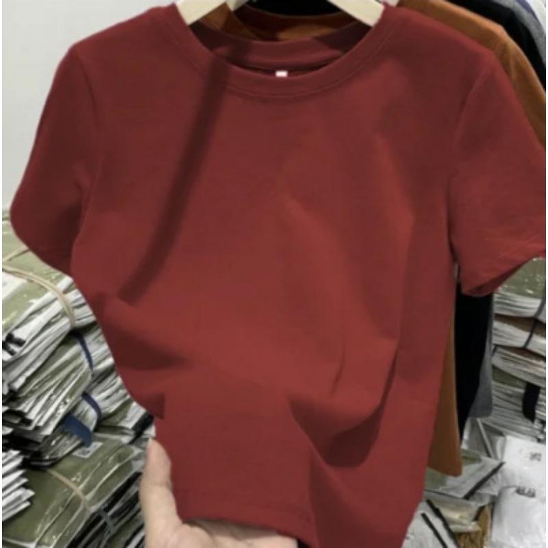 

Жіночі модні повсякденні літні весняні одноколірні блузки та сорочки з коротким рукавом і круглим вирізом із принтом YYFS L бордовий