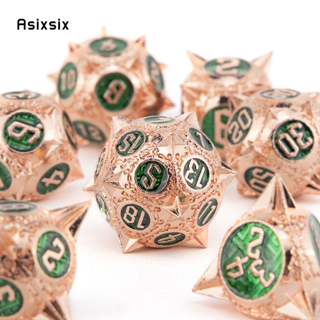 7 Pcs Copper Green Meteor Hammer Metal Dice Solid Metal Polyhedral Dice Set Suitable For Role-Playing Dice PropBoard Game Gift