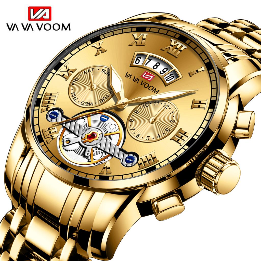 Men's Stainless Steel Tourbillon Watch Men's Student Quartz Watch Business Calendar Waterproof Steel Strap Watch Large Dial