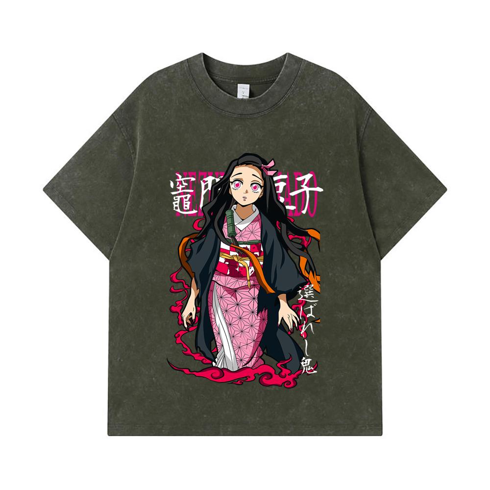 

275 GSM Washed T-shirts 100% Cotton Demon Slayer V57 Nezuko Print Unisex Heavy Cotton T Shirt S армия зеленый