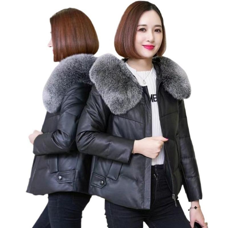 Leather jacket women's short new down cotton-padded jacket imitation fox fur collar hooded with cotton fur cotton-padded jacket