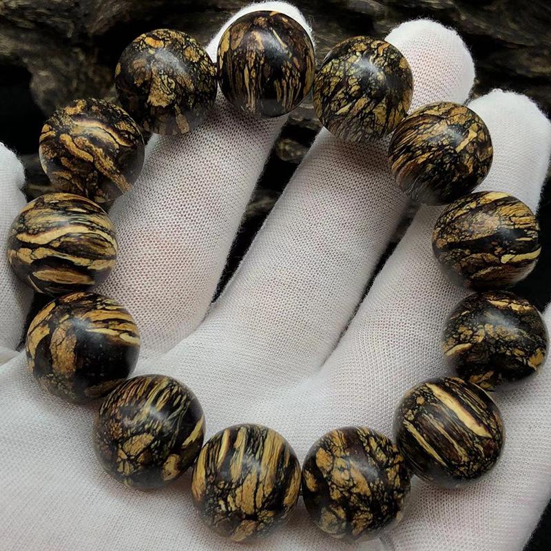 Vietnamese Nha Trang Agarwood Tiger Stripe Qinan Beads Bracelet - 20mm, 12 High Oil Striped Beads, Natural Buddhist Hand String