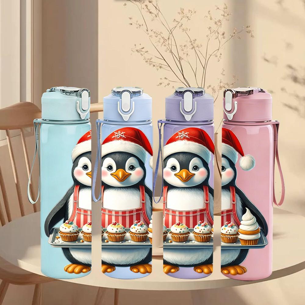 1PC Xmas Penguin Santa Hat Cartoon 750ml Color Plastic Sports Water Bottle Leakproof Flip Straw Lid Suitable for Sports Office Home Use