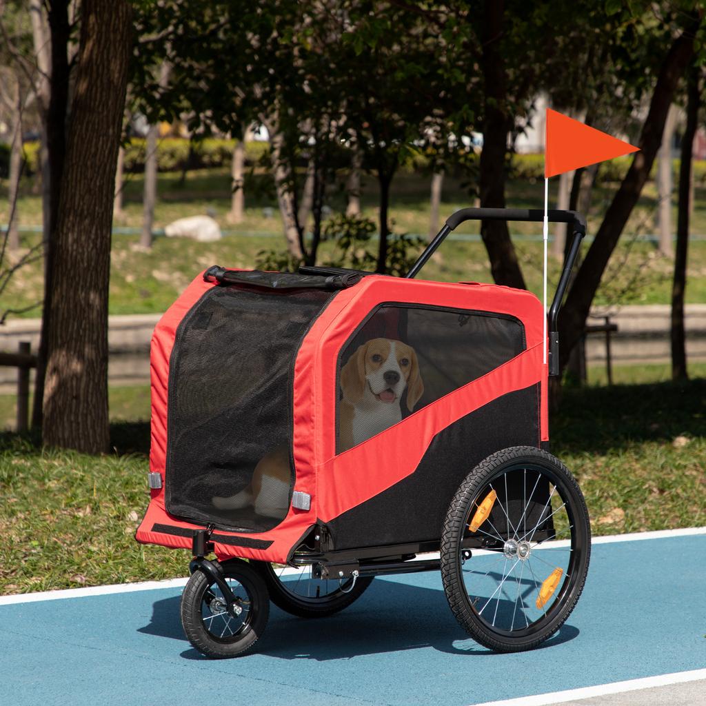 2-in-1 Hundefahrradanhänger Haustierkinderwagen für große Hunde mit Kupplung, 20-Zoll-Räder, Haustier-Fahrradkarren Transportwagen für Reisen, Rot