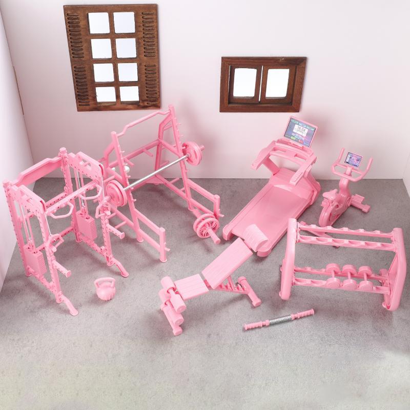 Mini Fitness Equipment Dollhouse Simulation Gym Treadmill Dumbbell Weight Lifting Machine Model Decor 1/12 Doll House Accessory