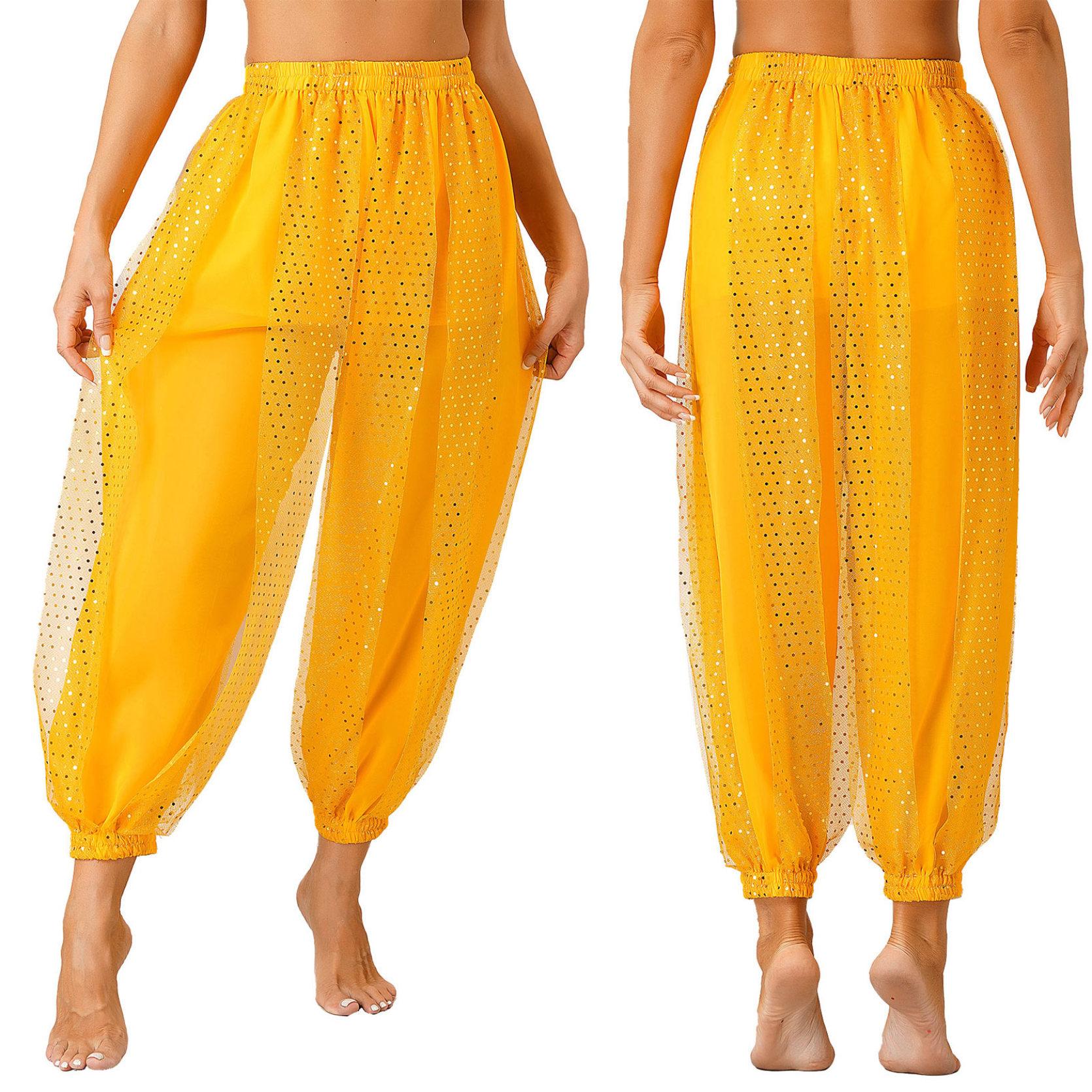 

Женский костюм для танца живота, брюки-фонарики с монетами, блестящие шаровары с разрезом по бокам, арабские брюки для Хэллоуина One Size жёлтый