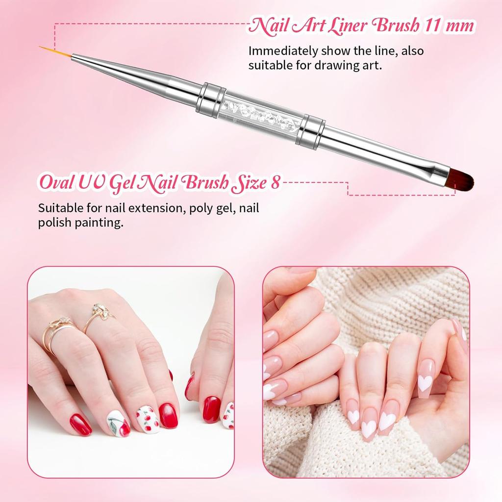 2 Pcs Double Ended Nail Builder Gel Brush, Hard Gel Nail Brush French Tip Brushs Liner Brushes Nails Drawing Brushes for Design