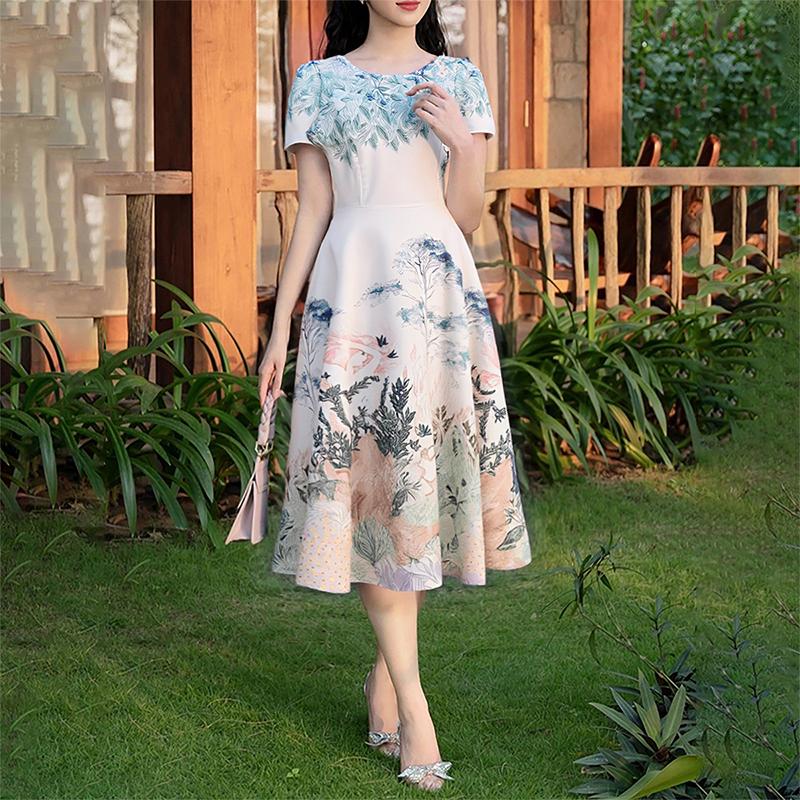 

ZANZEA Женское повседневное летнее платье с круглым вырезом и коротким рукавом с принтом S абрикосовый