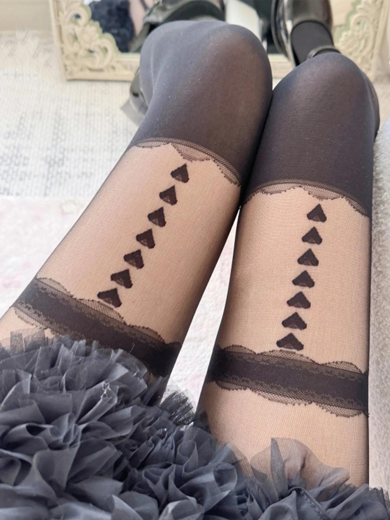 Sexy Love Heart Pattern Pantyhose Black Socks Children s Spring and Summer Love Stripe Lace Edge Silk Socks Black Silk чёрный