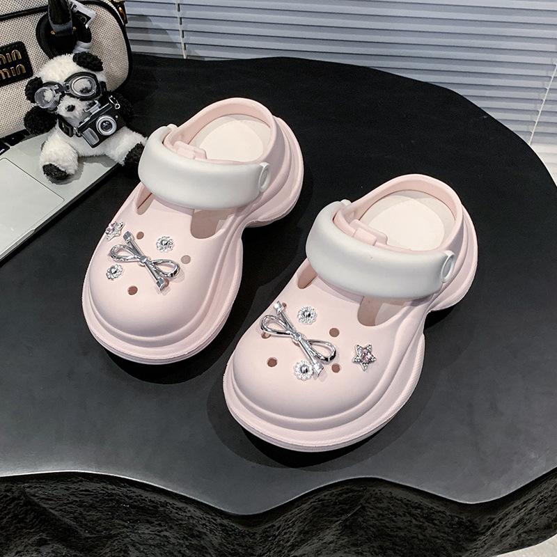 Spring and summer new rhinestone heightening hole shoes women's tide non-slip bag head slippers women's shoes