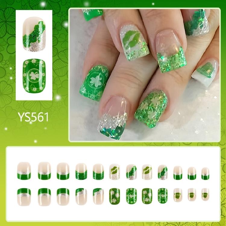 24 Pcs Lip Print Stick on Nail Saint Patricks Day False Nail French Tip Press On Nail Shamrocks Artificial Nail