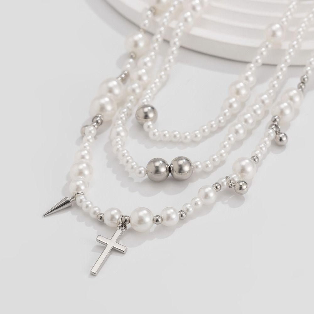 Korean Style Multi-layered Pearl Necklace Cross Women's Clavicle Chain  Women Jewelry