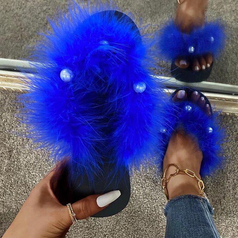 Fashion Summer Fluffy Fur Platform Flip Flops for Women Fashion Pearl Decor Wedges Sandals Woman Thick Sole Non Slip Outdoor Slippers