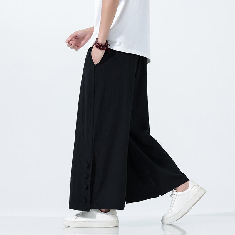 

2025 Мужские широкие хлопково-льняные брюки Мужские повседневные широкие брюки оверсайз Джоггеры Мужские винтажные брюки на шнурке Мужские брюки-юбка 4XL чёрный