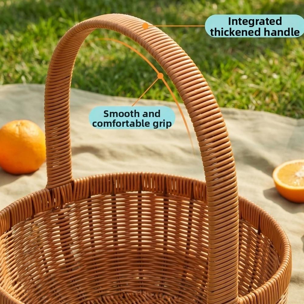 Multi-function Large Capacity Imitation Rattan Basket Handwoven Round Fruit Basket Rustic with Handle Storage Basket Picnic Use