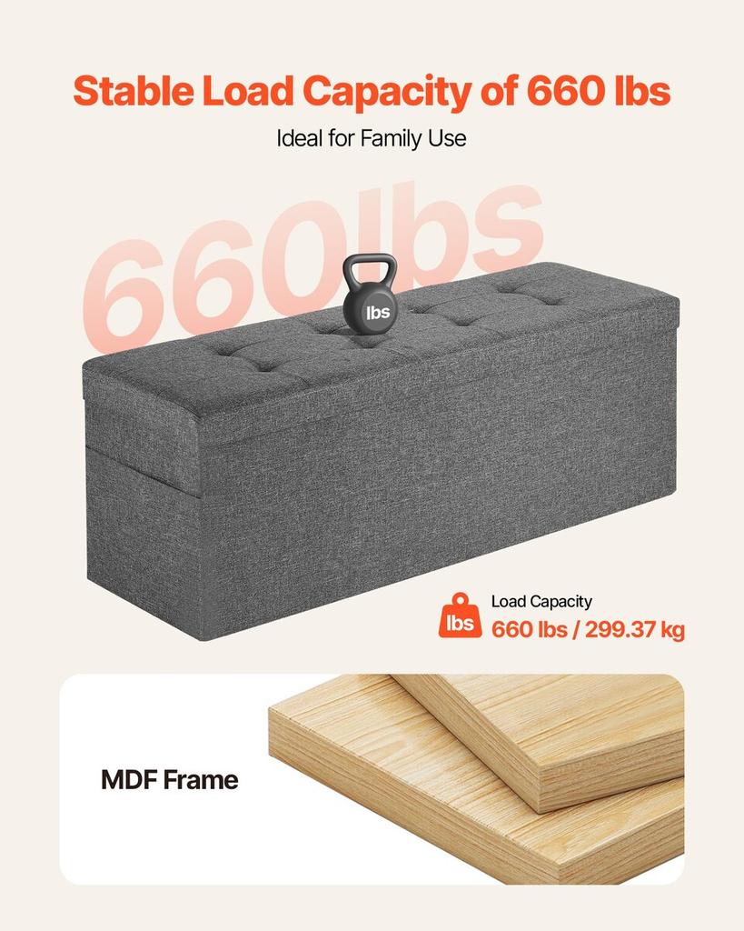 Foldable Storage Ottoman Bench, End of Bed Bench with Side Bags, Folding Upholstered Storage Chest Supports 660 Lbs, Linen Bed Ottoman with Large