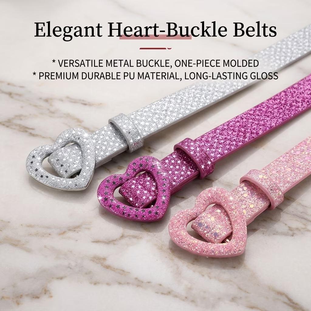 3 Pack Girls Belts Silver Glitter Star Heart Buckle Adjustable PU Leather 0.8 Inch Thin