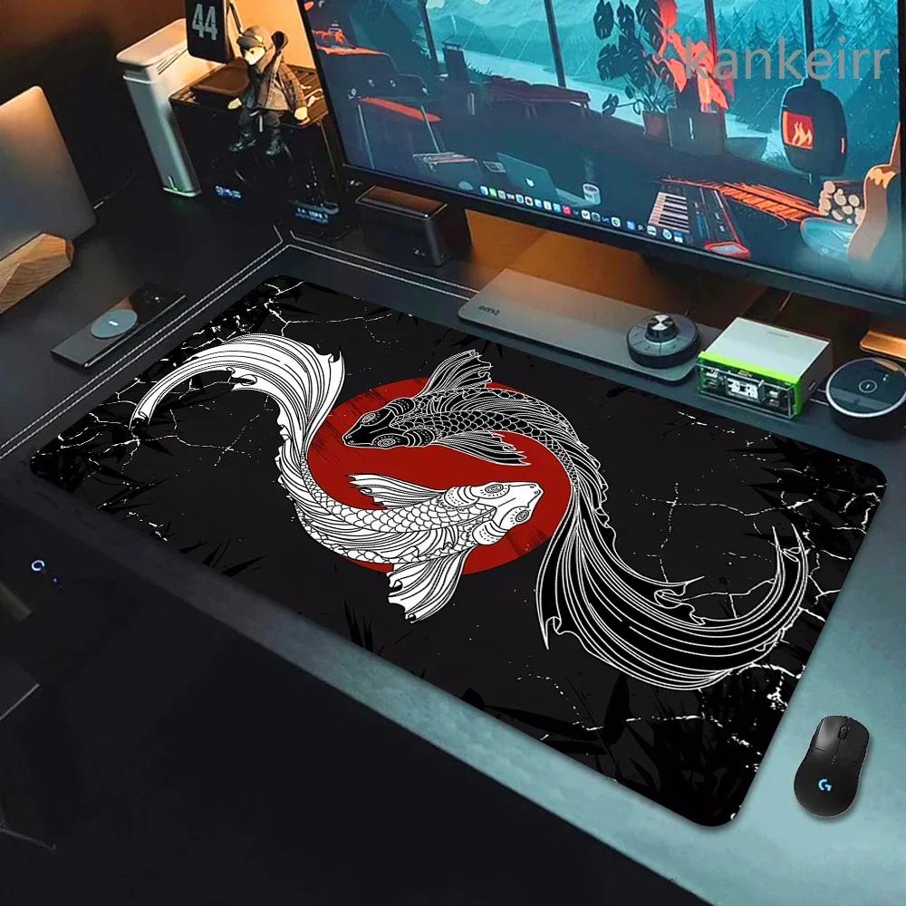 Koi Yinyang Black and White Mouse Pad Large Mausepad XL Deskmat Gray Keyboard Mouse Mat 1000x500 Carpet Extended Pads for Office