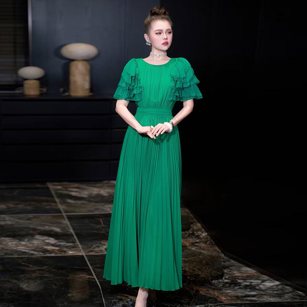 European Style Spring/Summer 2026 Women s Ruffle Short Sleeve Pleated Dress S