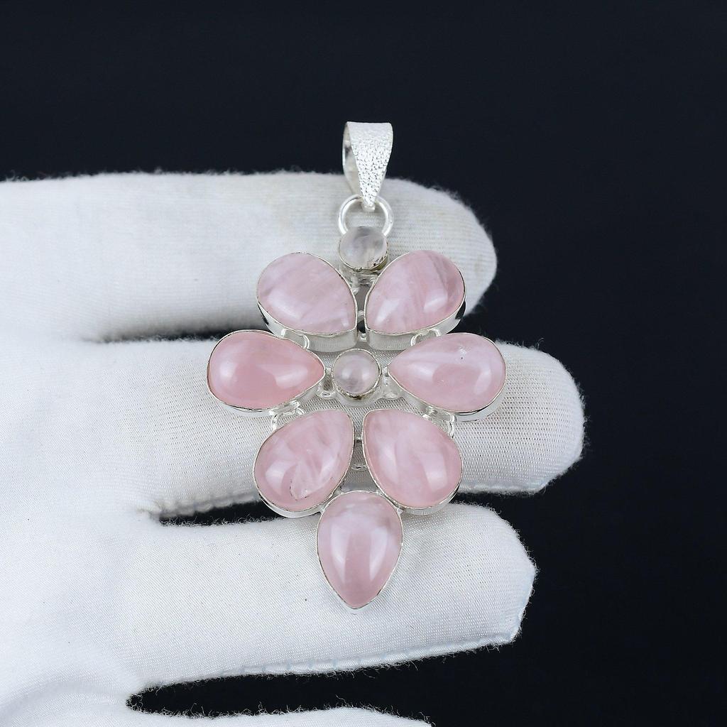 Natural Rose Quartz Moonstone Gemstone Pendant In 925 Sterling Silver - Handmade Flower Design, Perfect for Gifts, and Everyday Wear Jewelry Gifts