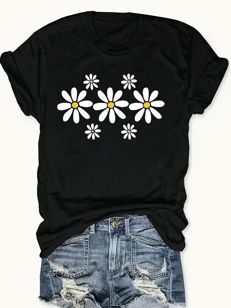 Women's Black Daisy Floral Print Short Sleeve Fit Round Neck Harajuku Sleeve Casual Clothing Street Tops Tees Aesthetic Clothes