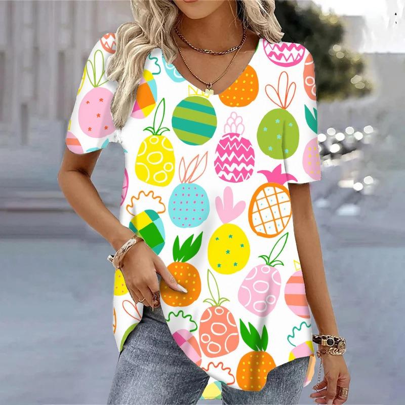 Sommer Süße Ananas Frische 3D Digital Gedruckt Locker Lässig V-Ausschnitt Kurzarm Damen T-Shirt Top