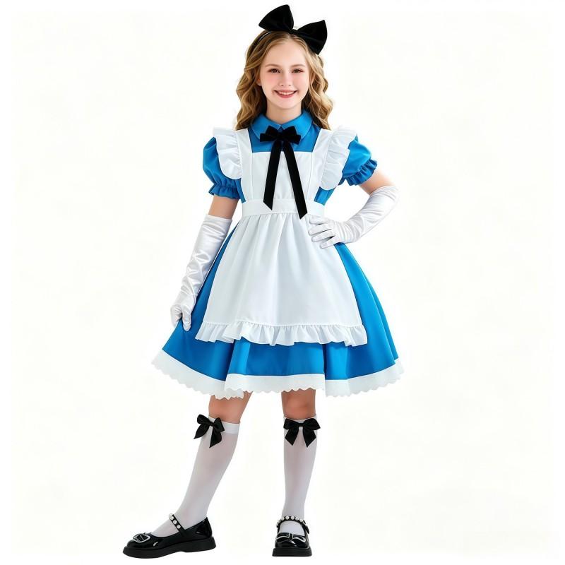 Kids Alice In Wonderland Cosplay Costume Set - Black Maid Dress With Apron Bow Hairband Stockings Halloween Party Performance