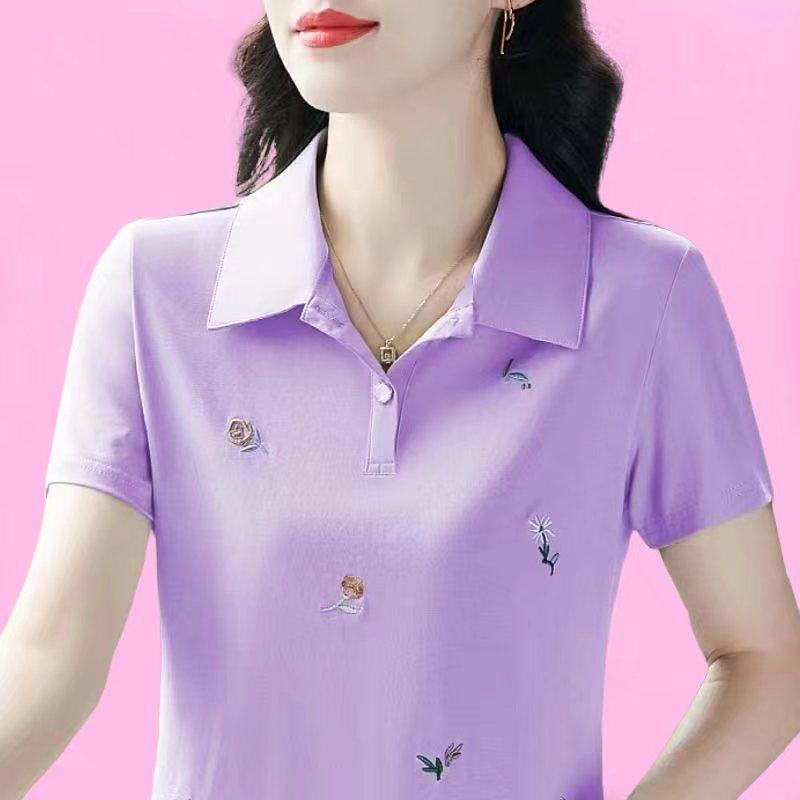 Latest Short-sleeved Women's Summer Temperament Versatile Polo Loose and Fashionable Lapel Shirt Printed Top T-shirt