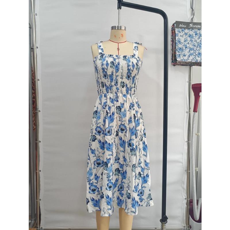Women Floral Print Maxi Dress Square Neck Tie Shoulder Smocked Waist Casual Vacation Wear
