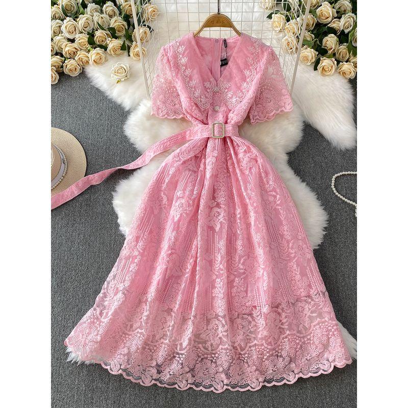 High End Socialite Heavy Industry Lace V-neck Short Sleeve Formal Dress Dress Women Summer Lace-up Waist Hugging Slimming Princess Long Dress