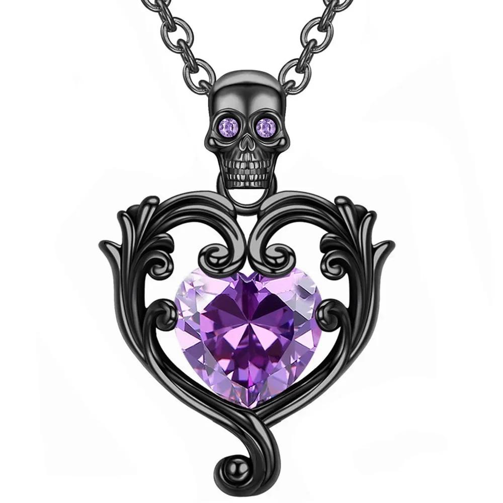 Heart Purple Red Angel Wing Crystal Zircon Women's Skull Black Pendant Necklaces Mother's Day Halloween Christmas Jewelry