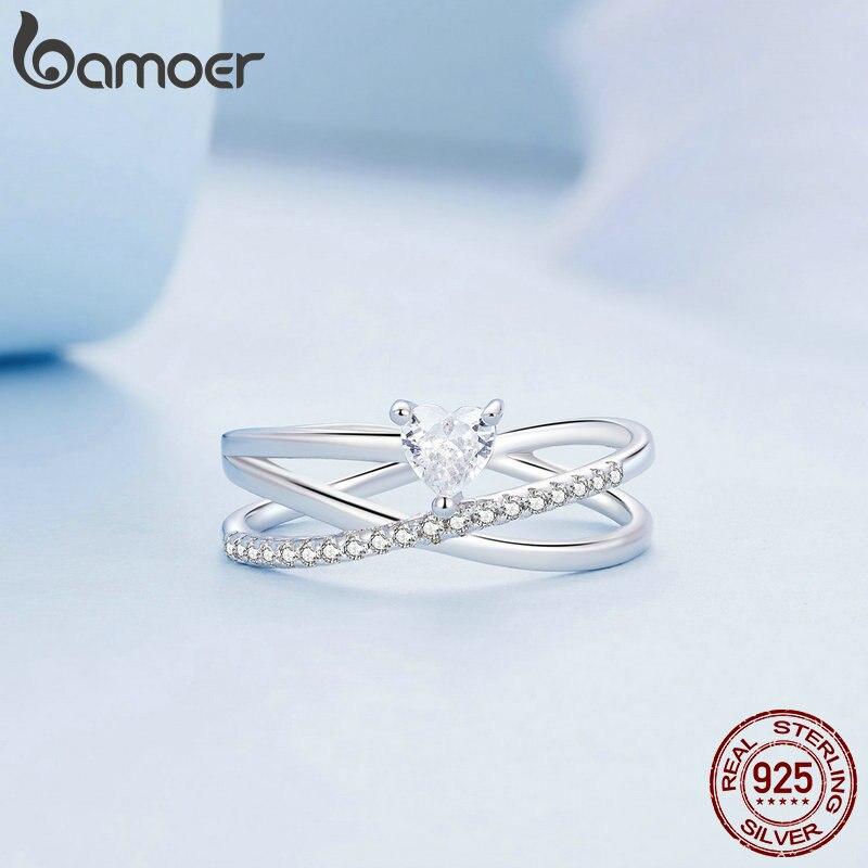 

BAMOER, многослойное кольцо из стерлингового серебра 925 пробы, геометрические круглые кольца на палец для женщин, оригинальный дизайн, ювелирные изделия с сердечком и цирконием 7