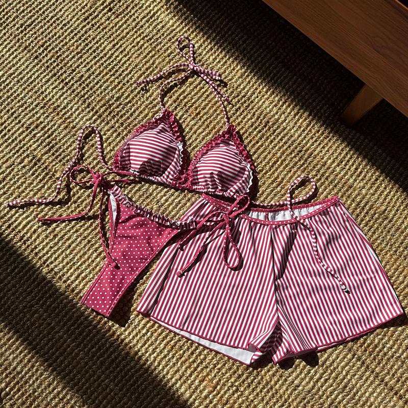 

Полосатый принт Шорты Бикини Комплект 3 шт Сексуальный купальник Женский Пляжная одежда для отдыха Стринги Халтер Треугольное бикини Пляжная одежда L розовый