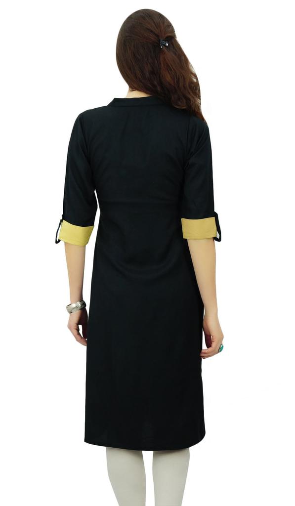 Phagun Womens Indian Ethnic Rayon Black Kurti Tunic Designer Pom - Pom Kurta -