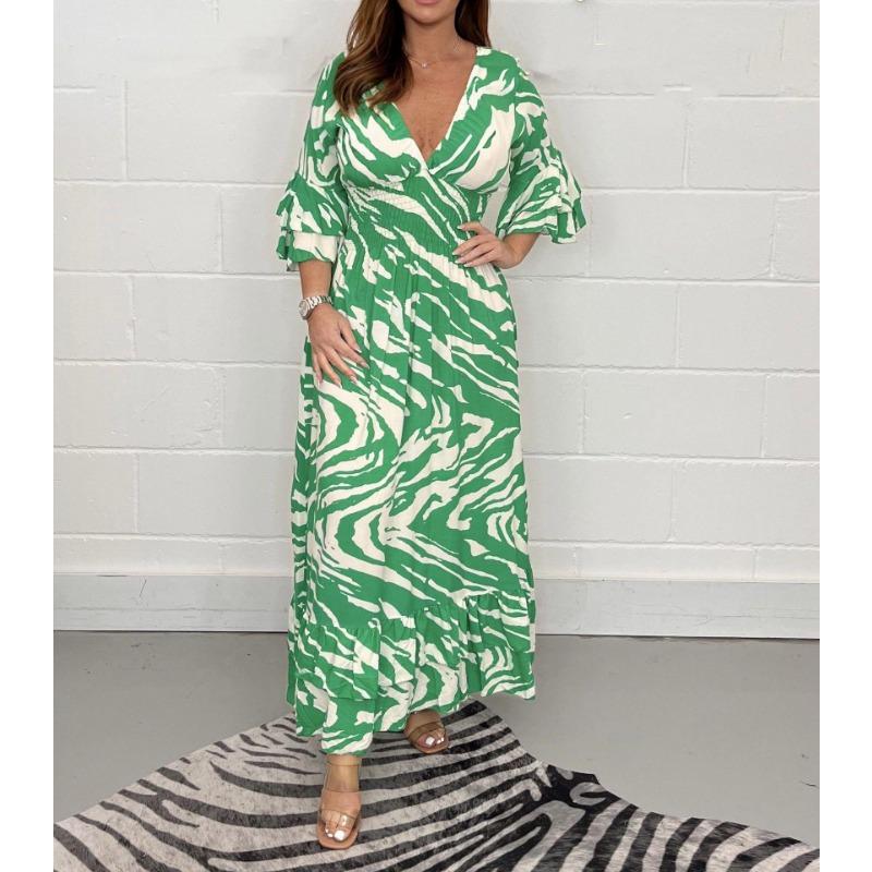 Autumn Women's Plus Size Casual Medium Long Sleeve Long Temperament V-Neck Waisted Loose Dress